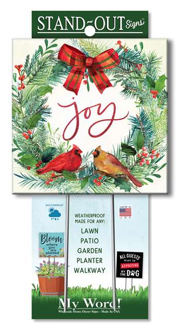 61371 JOY W/ CARDINAL WREATH STAND-OUTS SQUARE 8X8
