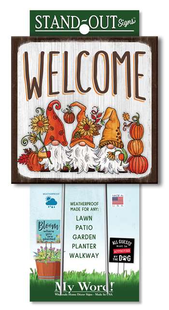 61410 WELCOME W/BANNER FALL GNOMES STAND-OUTS SQUARE 8X8