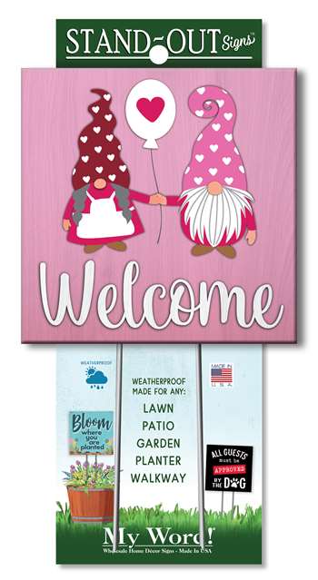 61420 WELCOME WITH GNOME AND HEART BALLOON-  STAND-OUTS SQUARE 8X8