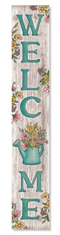61780 WELCOME WHITE WASH WITH TEAL LETTERS AND WATERING CAN- PORCH BOARD 8X46.5