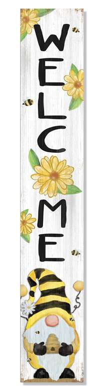 69994 WELCOME WITH GNOME HOLDING BEEHIVE AND YELLOW DAISY- PORCH BOARDS 8X46.5