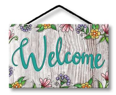 77047 WELCOME TEAL WITH FLORAL- HANG UPS 8X3.75